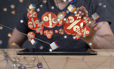 Poster - Red cubes percent falling on a white background. 3d rendering. Illustration for advertising.