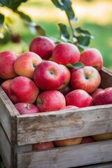 Wall Mural - A vibrant display of fresh red apples stacked in a rustic wooden crate symbolizing abundance and harvest.