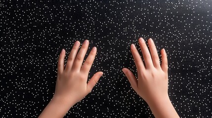 world braille day. a pair of hands is placed on a textured black surface adorned with scattered whit