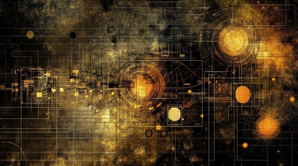Poster - Abstract steampunk design featuring futuristic gears, glowing pipelines, and metallic machinery in golden tones, creating a complex and visually intricate machine