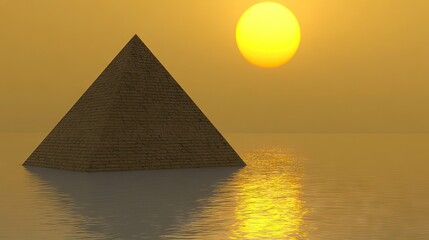 Poster - abstract sunset view with a reflective geometric pyramid overlay hovering over calm waters, serene a