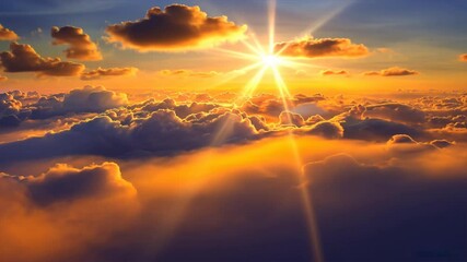 Wall Mural - breathtaking sunset and sunrise over clouds, showcasing vibrant colors and sun rays illuminating sky
