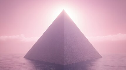 Poster - artistic landscape with a surreal geometric pyramid overlay mirroring a stunning sunset on calm, sti