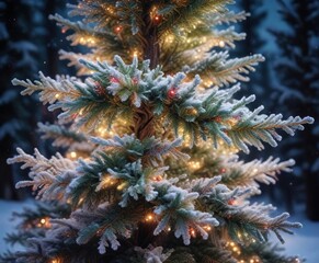 Wall Mural - sparkling strands of fiber-optic lights intertwined with frosted foliage on a snowy fir tree, abstra
