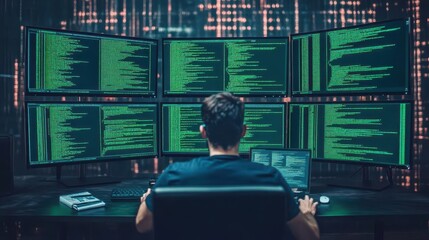 Poster - Software engineer coding an update, multiple monitors displaying green code, dimly lit workspace, cyber noir style