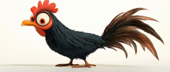 Wall Mural - a black feathered rooster with an orange comb and beak stands against a white background