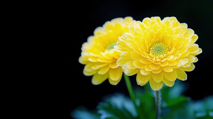 Wall Mural - Two yellow chrysanthemums with dew drops on black background.