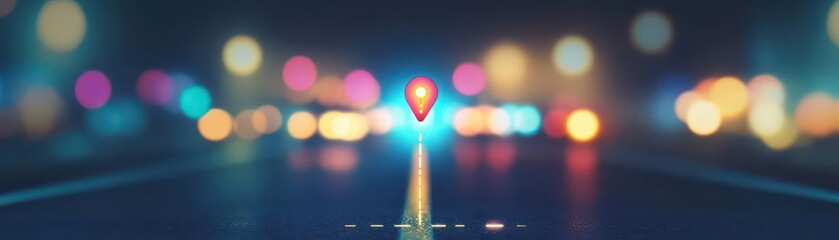 Leinwandbilder - Nighttime road scene lit by smartphone screens, glowing pins floating ahead as cars follow the digital trail