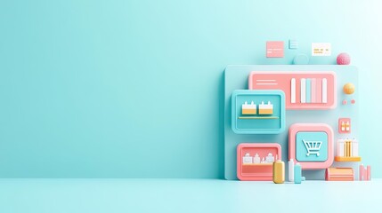 Poster - Isometric 3D rendering of an online store with floating product showcases, vibrant colors, and a minimalist futuristic user interface
