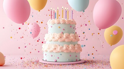 Sticker - Festive Three Tiered Birthday Cake With Balloons