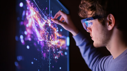 Poster - young man interacts with a futuristic holographic display in a dark room showcasing colorful visuali