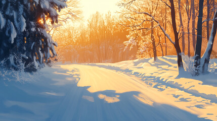A serene winter landscape featuring a frosted tree and frozen surface, trees and cloud cover on a sunny winter day, snowy farmland under blue sky with white fluffy clouds and road side trees.