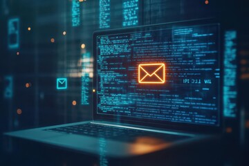 Aufkleber - Cybersecurity alert popping up on a laptop screen in a dark room, glowing email icon with warning text, close focus on the screen