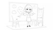 © Ipank - A chibi character with large eyes and short hair stands in front of a doodle-covered blackboard, wearing a school uniform with a bow tie, arms extended wide