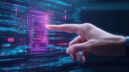 Poster - Closeup of a hand interacting with a holographic AI assistant, clean and futuristic technology background