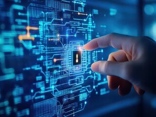 Fototapete - Closeup of a hand unlocking a digital padlock, screen glowing, cool futuristic lighting, blurred vault background