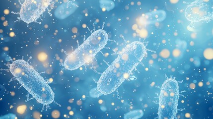 Poster - High Quality Image of Colorful Bacteria Populating a Microscopic World with Blue Background and Sparkling Lights