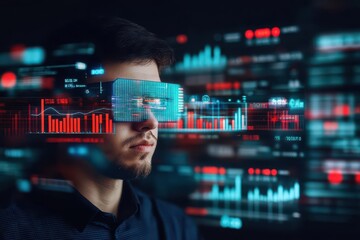Poster - Businessman surrounded by virtual data points and a declining chart, futuristic holographic visuals, sharp focus, vivid colors