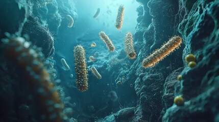 Poster - High Quality Abstract Image of Bacteria and Probiotics in an Underwater Scene Resembling Microscopic Life Forms