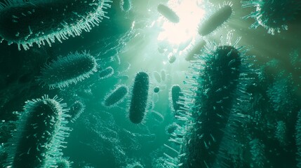 Poster - High Quality Blue Bacteria in Stunning Details with Light Rays Illustrating Microbial Life Beneath the Surface