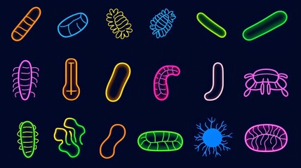 Poster - High Quality Vector Icons of Bacteria and Virus Illustrations in Neon Colors for Scientific and Educational Use