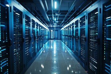 Aufkleber - Server room data center hosting servers with big data network connection showing digital cyberspace