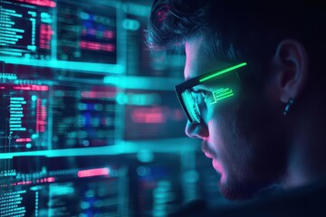 Poster - Anonymous hacker in a dark room, face illuminated by multiple screens showing breached data, neon green and blue glow, cyberpunk style