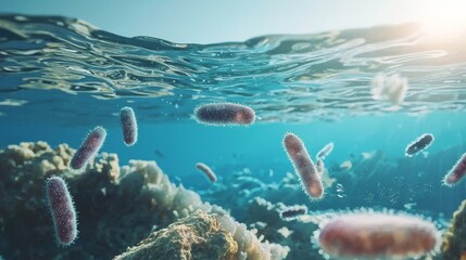 Poster - Close Up Image of High Quality Bacteria in Clear Water Over Coral Reef Under Bright Sunlight