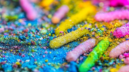 Poster - Vibrant Colorful Microscopic Bacteria on a Blue Surface Captured in High Quality Detail
