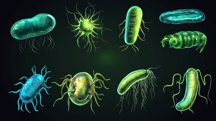 Poster - High Quality Illustrations of Different Types of Viruses and Bacteria on a Dark Background for Educational and Scientific Use