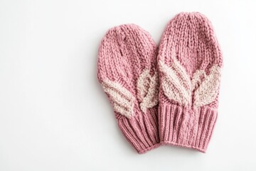 Wall Mural - Pink knitted mittens with decorative pattern isolated on white background