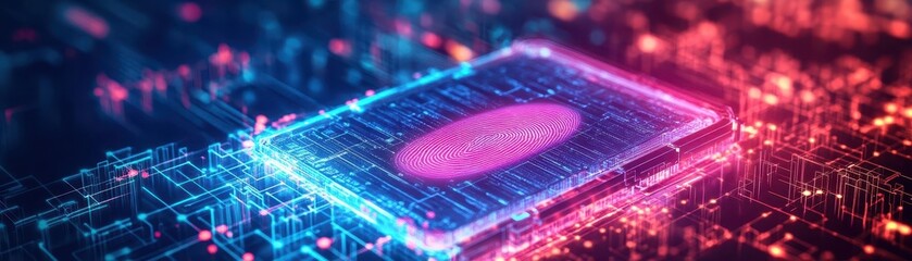 Leinwandbilder - Abstract representation of secure digital payments, fingerprint on a holographic pad, glowing data streams, hightech and minimalistic