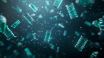 Poster - High-Quality 3D Illustration of Floating Clear Cylinders in Atmospheric Depth with Sparkling Elements