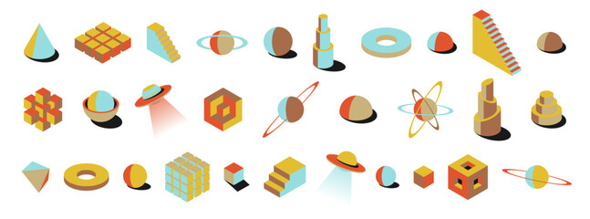 Wall Mural - collection of 3d abstract shapes with bright colors. retro style spheres, cubes, ufos and planets in