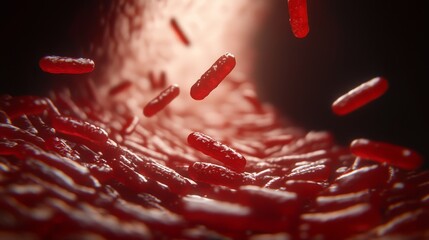 Poster - High Quality Microscopic View of Probiotics in a Vibrant Abstract Background with Rich Red Colors and Light Effects