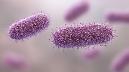 Poster - High Quality Microscopic View of Rod Shaped Bacteria in Vibrant Pink and Purple Colors Against Blurred Background