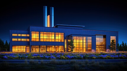 Poster - Modern industrial building with illuminated windows at dusk.