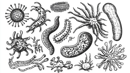 Poster - High-Quality Illustration Set Featuring Various Bacteria and Viruses in Detailed Artistic Style