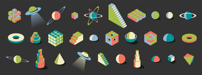 Wall Mural - neo brutalist vibrant abstract 3d forms with retro aesthetic. includes cubes, planets and ufo shapes