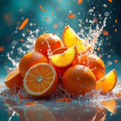  Fresh orange, water splash, refreshing citrus drink on bright background - generative AI