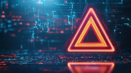 Poster - a neonlit warning triangle, glowing with red and orange hues, placed against a futuristic, glitching