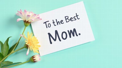 Wall Mural - A card for Mother's Day with text To the Best Mom and a small flower beside it on a pastel teal background