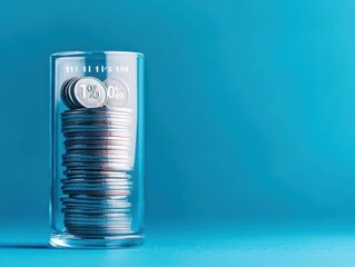 Poster - A glass container with coins stacked inside, percentages etched on the glass surface, studio lighting, straighton capture