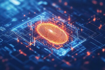 Poster - A glowing fingerprint surrounded by protective digital layers, shielding it from spyware trying to infiltrate the system