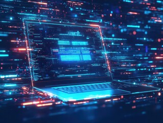 Poster - A futuristic laptop surrounded by holographic data streams syncing to the cloud, glowing blue tones, cyberpunkinspired design