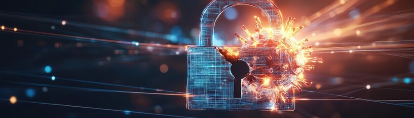 Aufkleber - A dramatic closeup of a padlock icon cracked open by a fiery digital virus, with glowing lines in the background, digital art, intense contrast