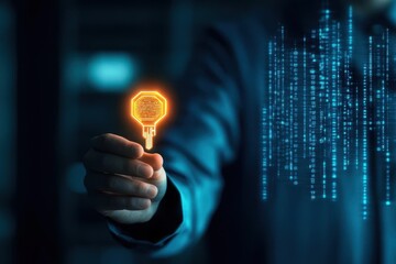 Aufkleber - A cybersecurity specialist holding a glowing holographic key, defending a network against a swarm of spyware bots