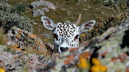 Wall Mural - Spotted deer peeking from rocks in mountain habitat.