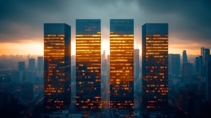 Aufkleber - Dramatic Orange City Skyscrapers at Dawn with Illuminated Windows : Generative AI