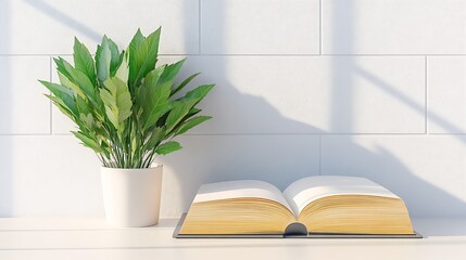 Poster - Serene Still Life of Open Book and Green Plant on Sunlit White Surface : Generative AI